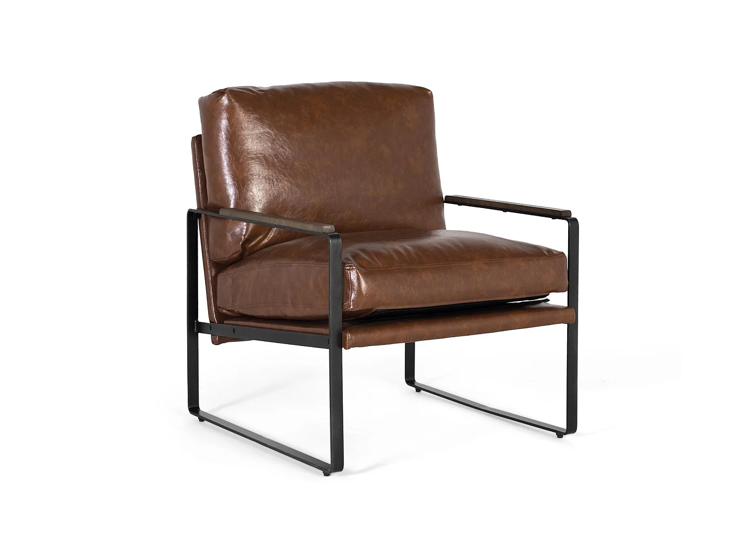 Fauteuil industriel en fer noir et simili cuir brun vieilli