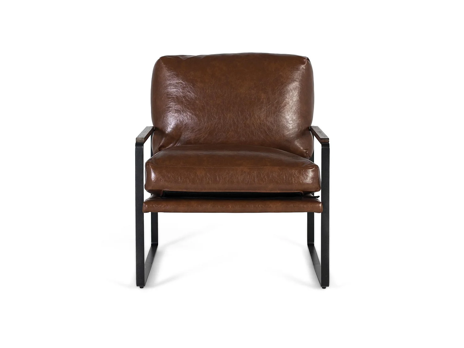 Fauteuil industriel en fer noir et simili cuir brun vieilli