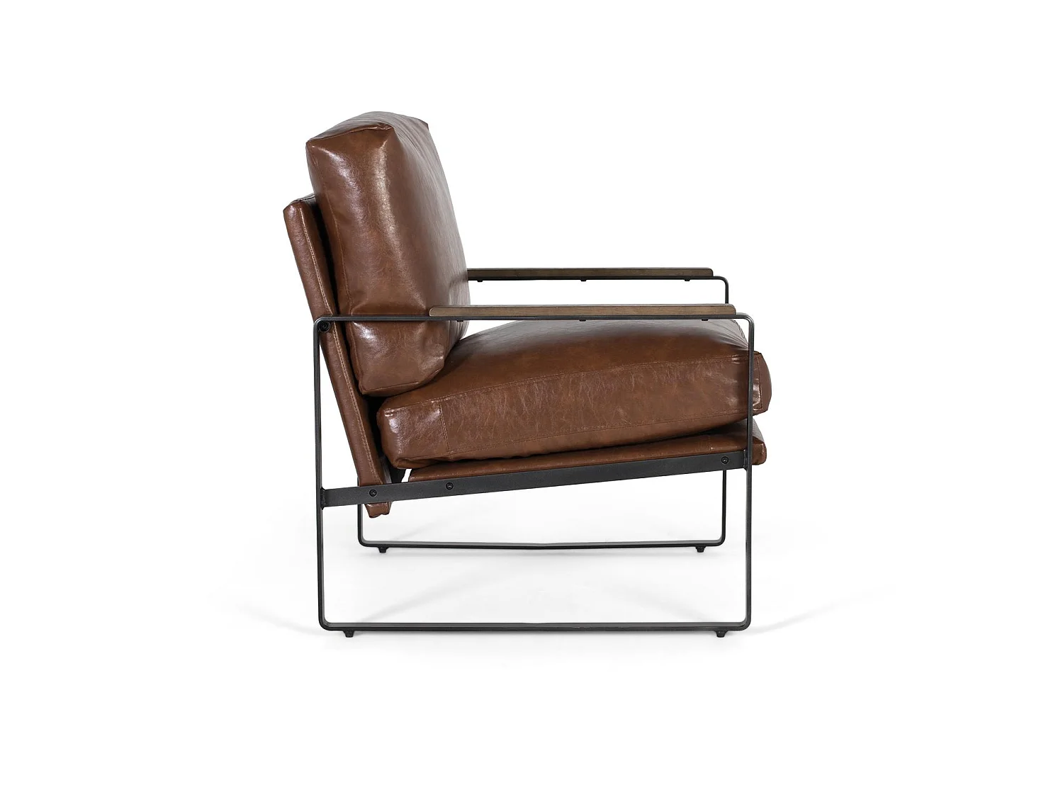 Fauteuil industriel en fer noir et simili cuir brun vieilli