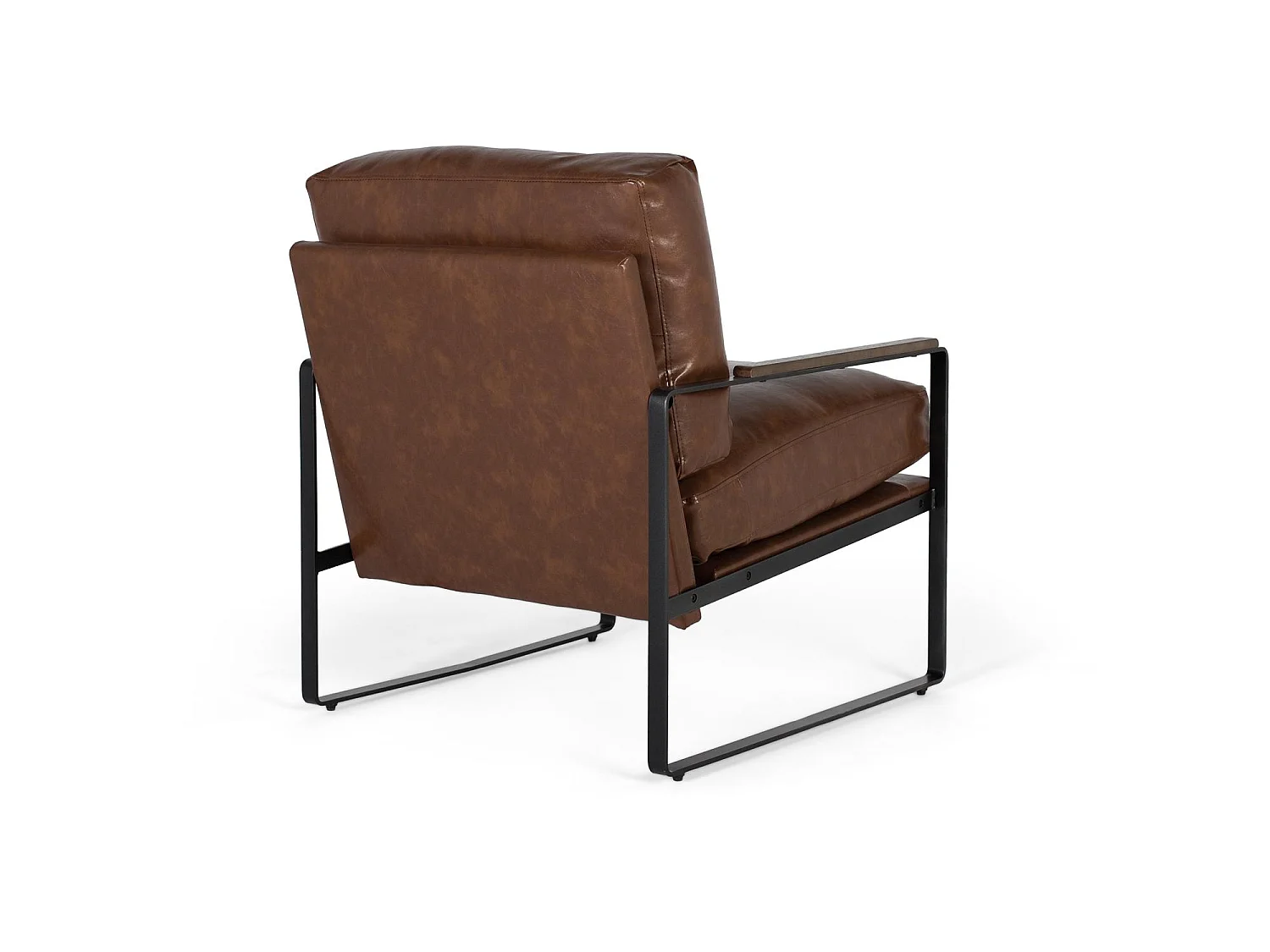 Fauteuil industriel en fer noir et simili cuir brun vieilli