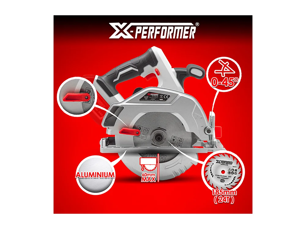 Scie circulaire sans fil X-Performer 20V - 185 mm avec batterie 4Ah et chargeur 2H