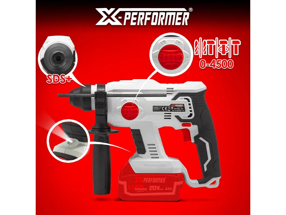 Draadloze boorhamer X-Performer 20V met 4Ah batterij en snellader 2H