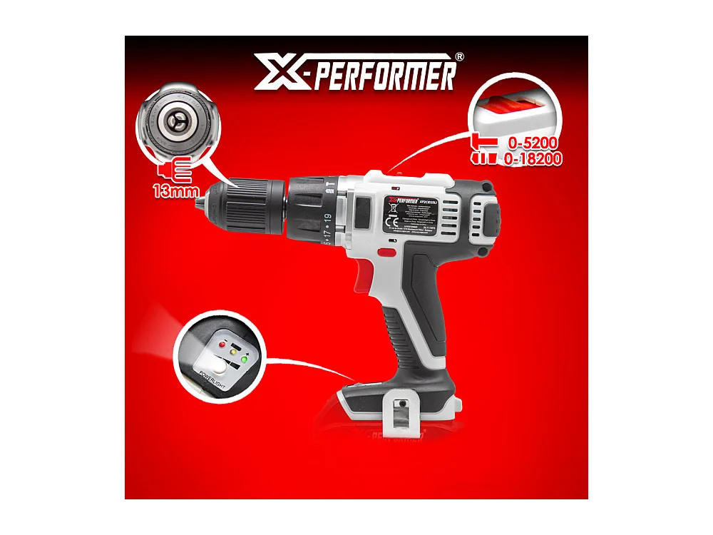 Perceuse visseuse à percussion 20V – mandrin 13 mm – avec batterie 2Ah & chargeur rapide 1H – X-Performer