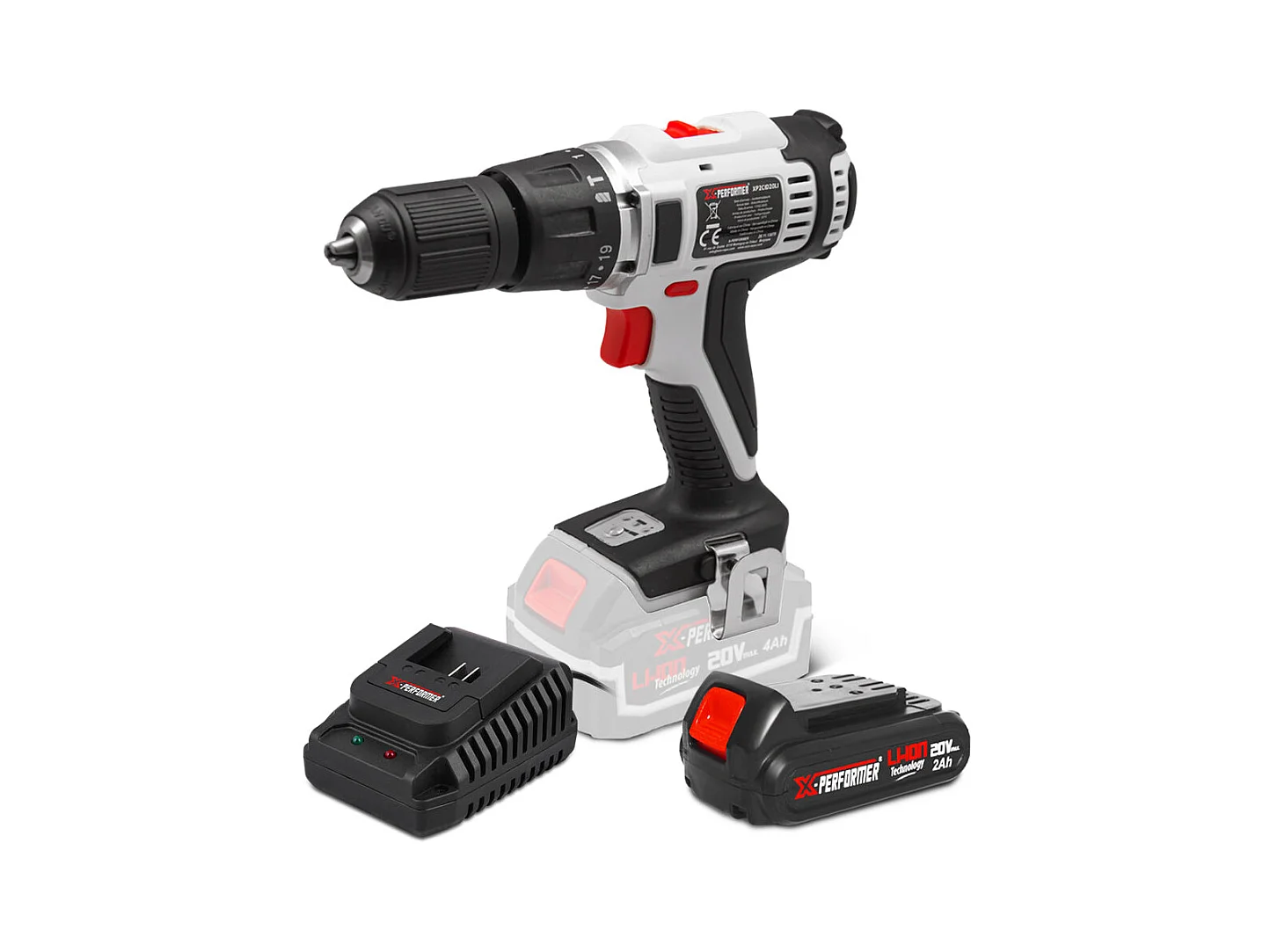 Perceuse-schroevendraaier met klopfunctie 20V - 13 mm boorkop - met 2Ah batterij & 1H snellader - X-Performer