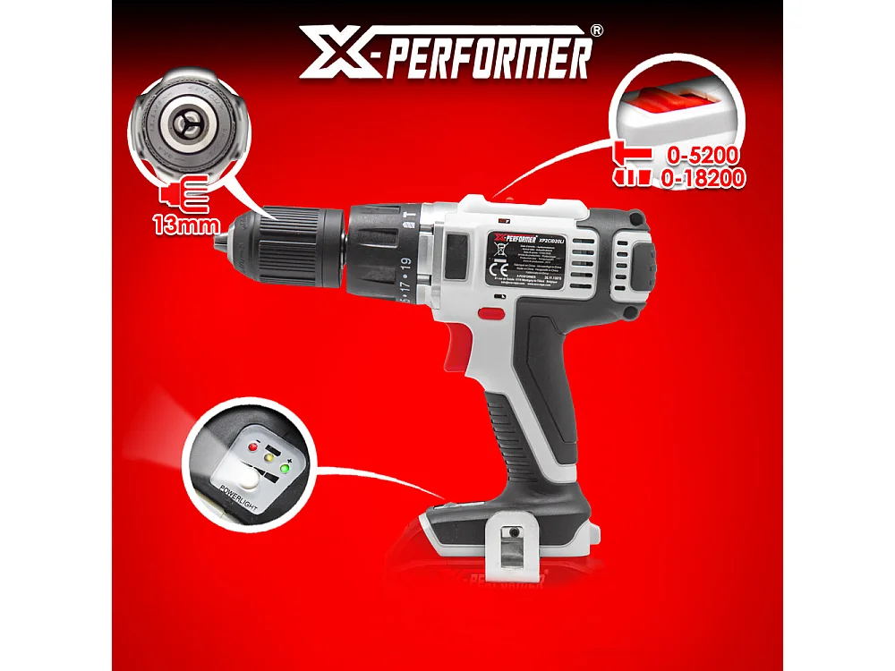 Perceuse visseuse à percussion 20V – mandrin 13 mm – avec batterie 2Ah & chargeur rapide 1H – X-Performer