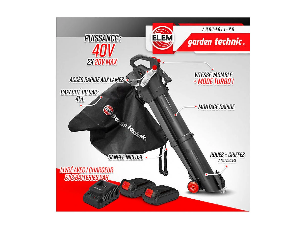 Aspirateur, Souffleur, Broyeur rechargeable 2x20V avec batteries et chargeur - Elem Garden Technic
