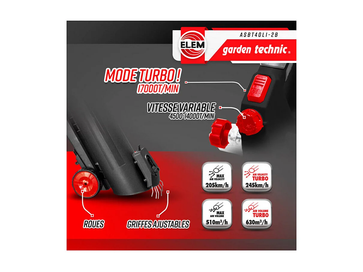 Aspirateur, Souffleur, Broyeur rechargeable 2x20V avec batteries et chargeur - Elem Garden Technic