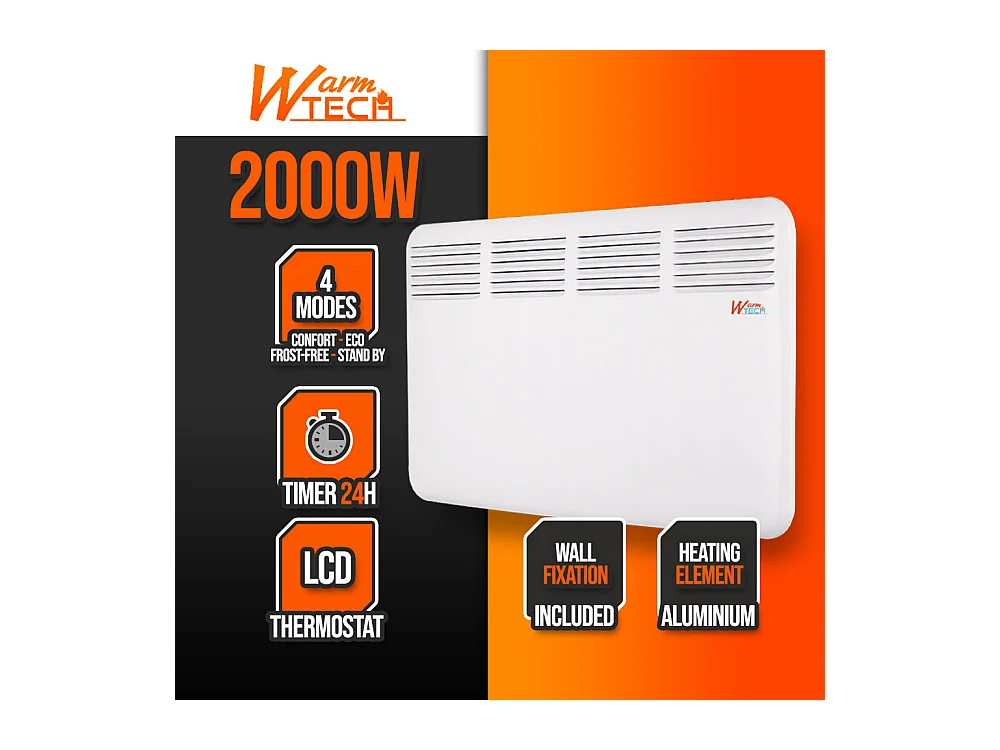 Convecteur mural 2000 W - Thermostat électronique - Timer 24 h - Blanc