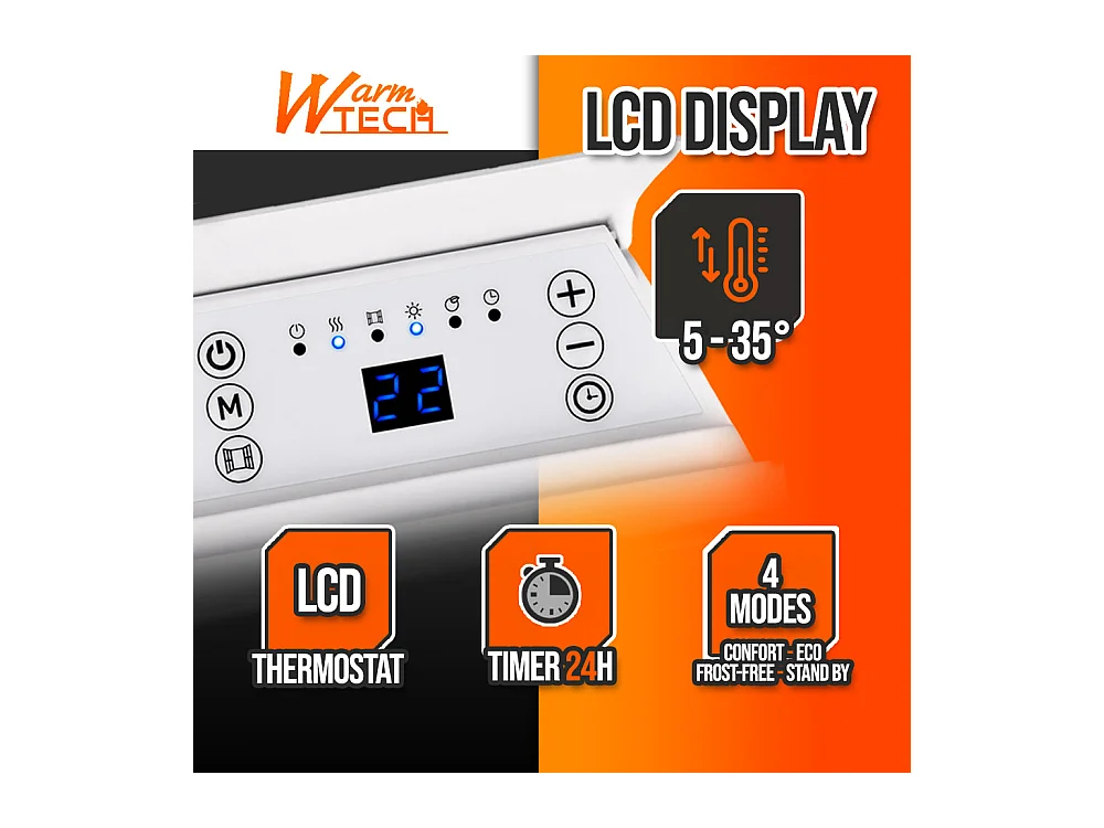 Convecteur mural 2000 W - Thermostat électronique - Timer 24 h - Blanc