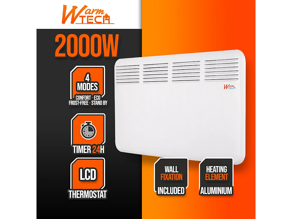 Convecteur mural 2000 W - Thermostat électronique - Timer 24 h - Blanc