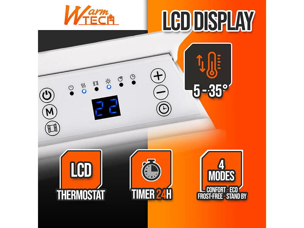 Convecteur mural 2000 W - Thermostat électronique - Timer 24 h - Blanc