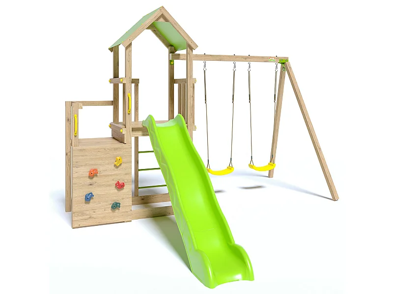 Aire de jeux en bois Ultra Xperience avec 2 balançoires, bac à sable, mur de grimpe, double plateforme et toboggan (374 x 397 x 274 cm)
