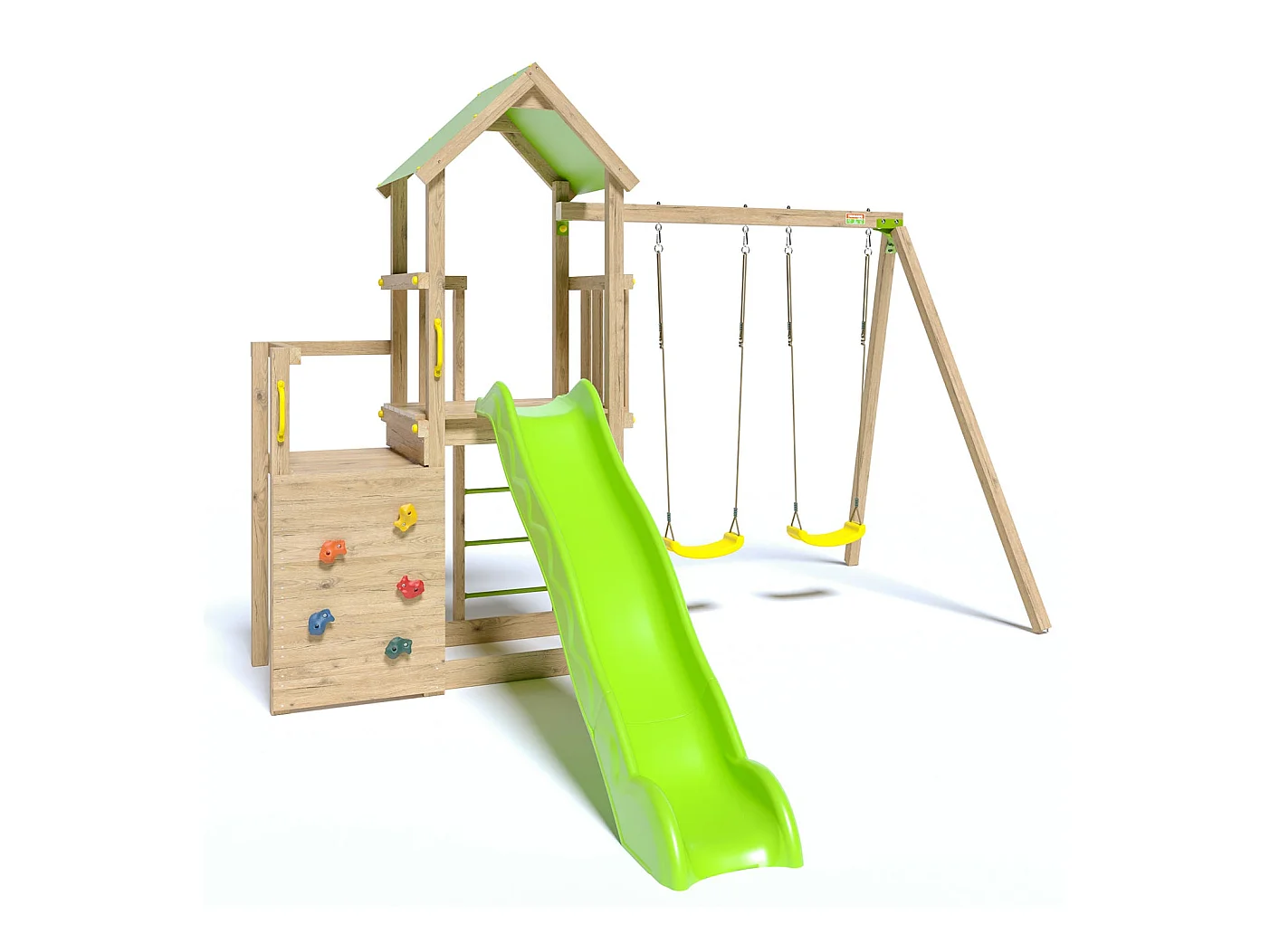 Aire de jeux en bois Ultra Xperience avec 2 balançoires, bac à sable, mur de grimpe, double plateforme et toboggan (374 x 397 x 274 cm)