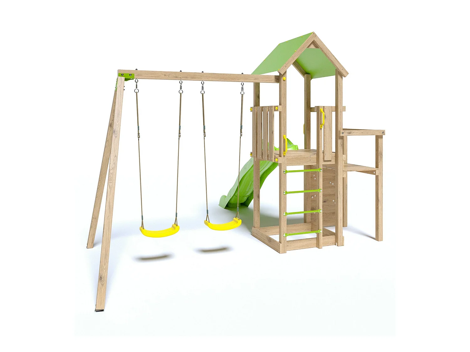 Aire de jeux en bois Ultra Xperience avec 2 balançoires, bac à sable, mur de grimpe, double plateforme et toboggan (374 x 397 x 274 cm)