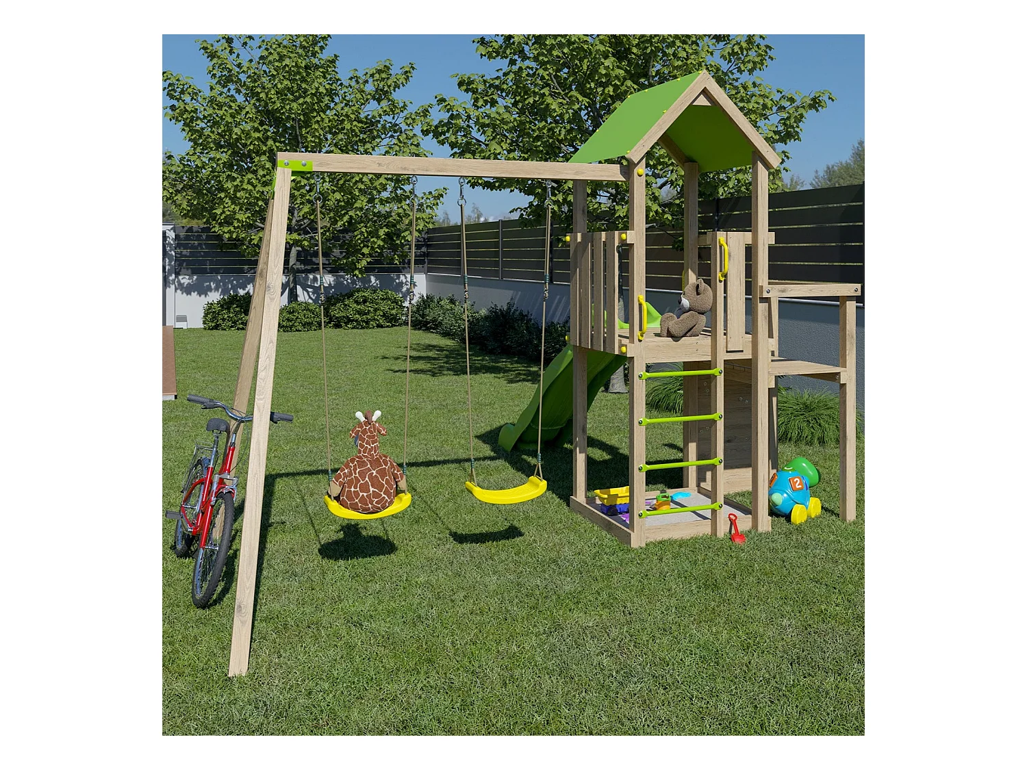 Aire de jeux en bois Ultra Xperience avec 2 balançoires, bac à sable, mur de grimpe, double plateforme et toboggan (374 x 397 x 274 cm)