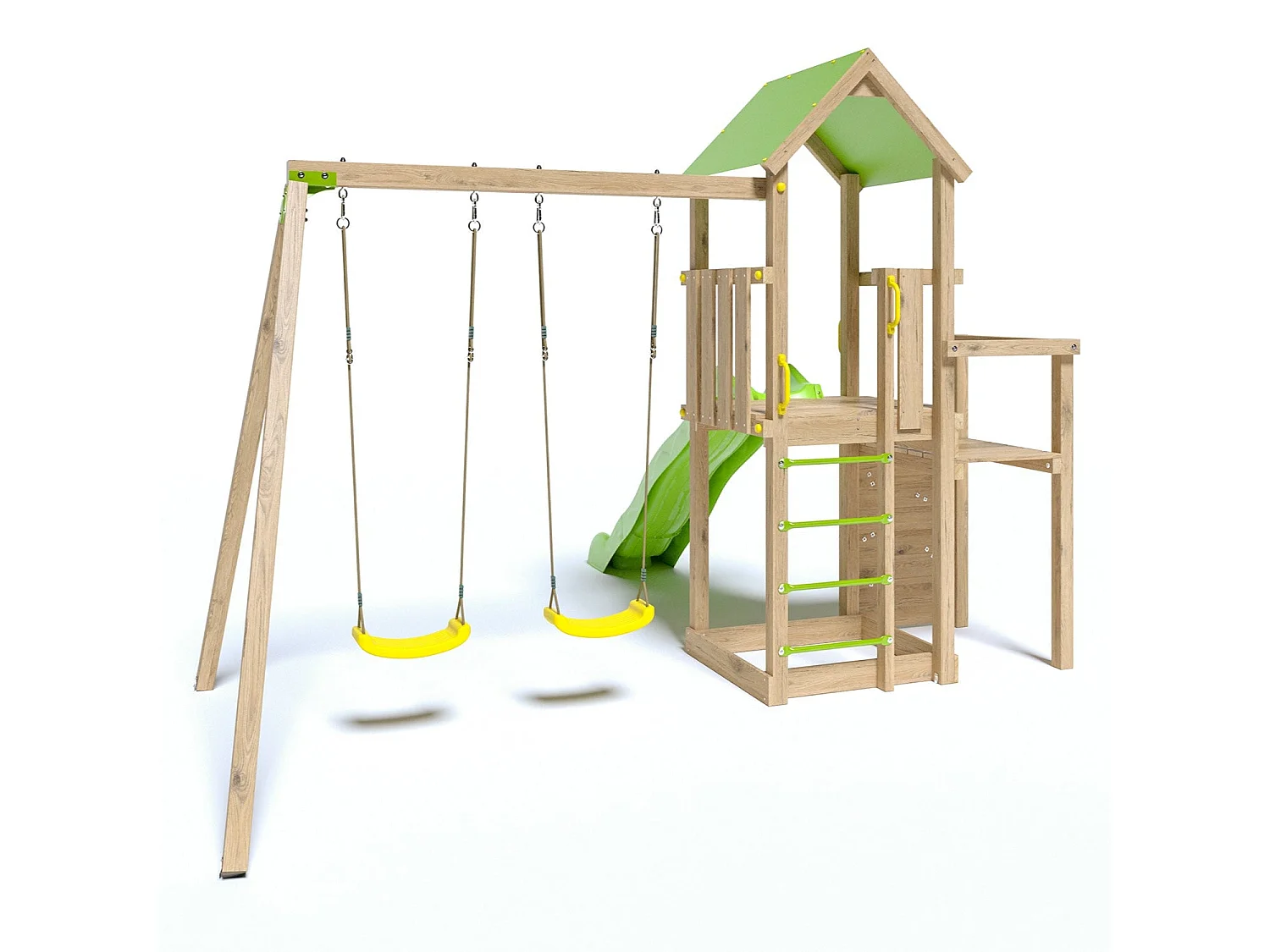 Aire de jeux en bois Ultra Xperience avec 2 balançoires, bac à sable, mur de grimpe, double plateforme et toboggan (374 x 397 x 274 cm)