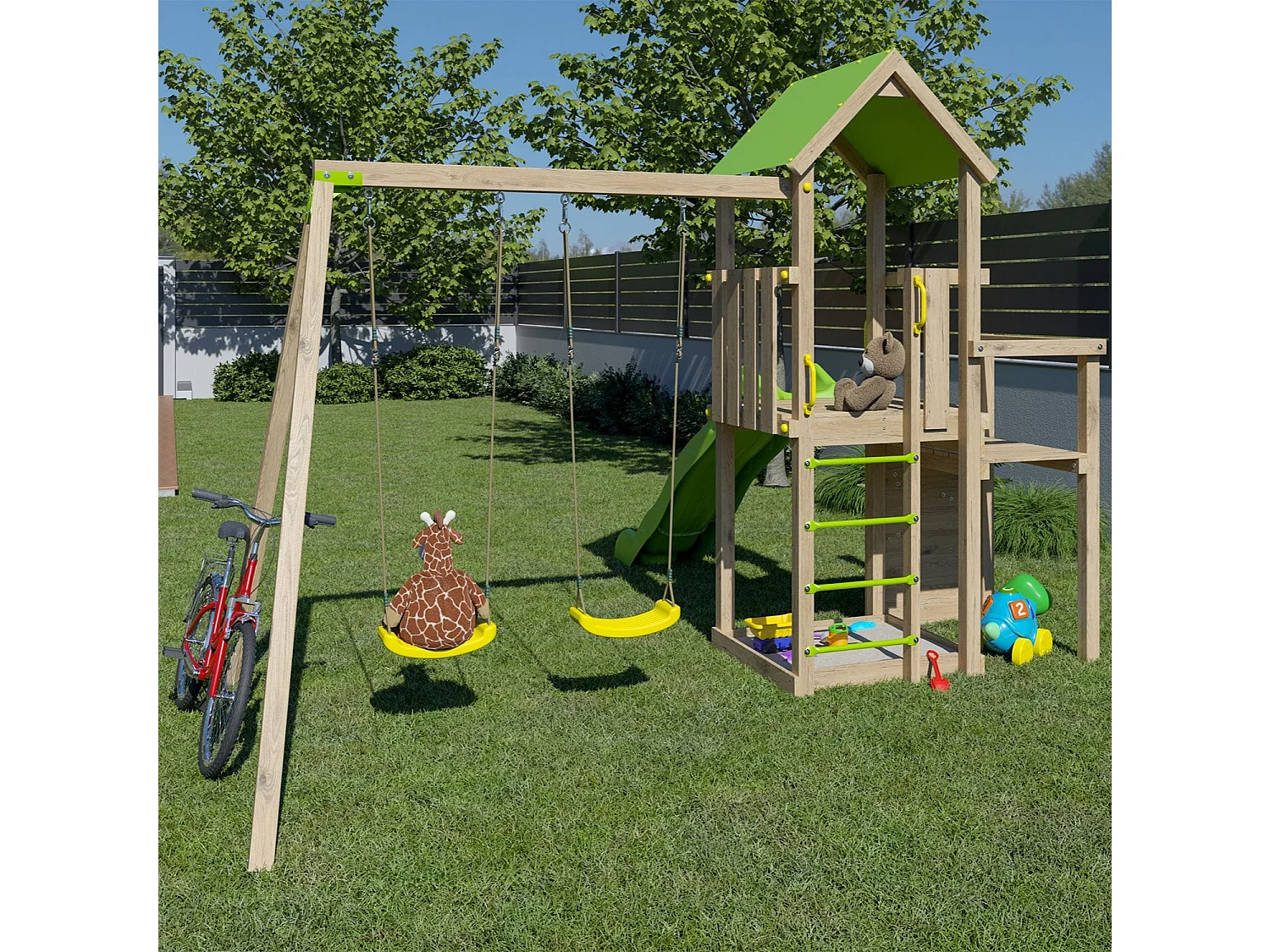 Aire de jeux en bois Ultra Xperience avec 2 balançoires, bac à sable, mur de grimpe, double plateforme et toboggan (374 x 397 x 274 cm)