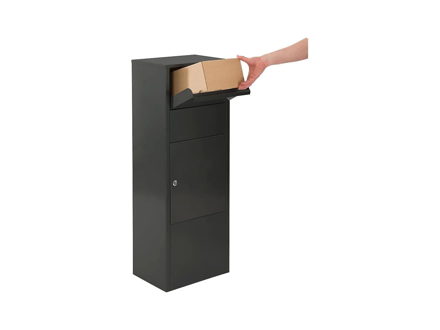 Boîte aux lettres pour colis – Colonne noire – Grande ouverture 19 x 34 cm – Fixation au sol – Serrure à clé