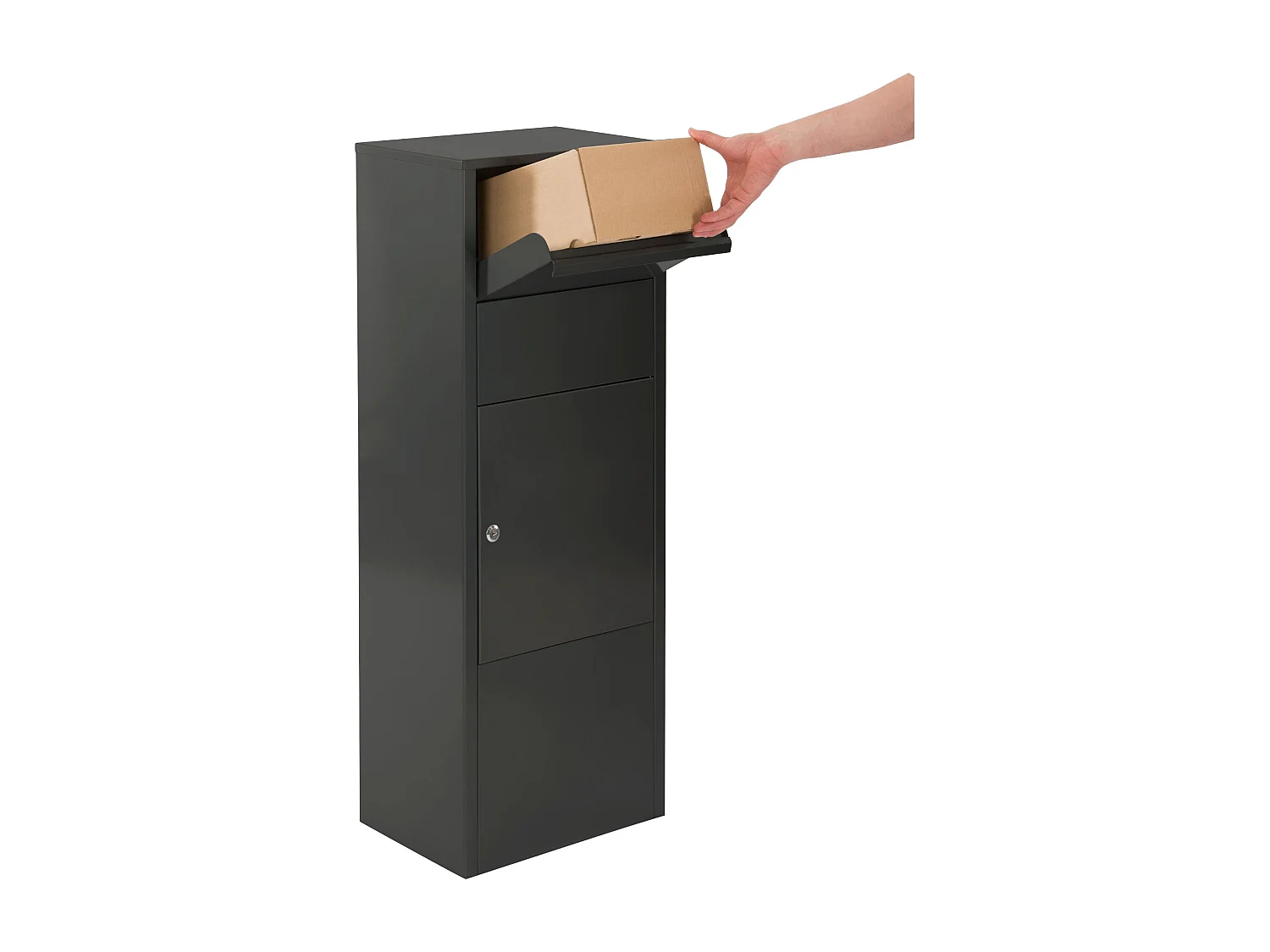 Boîte aux lettres pour colis – Colonne noire – Grande ouverture 19 x 34 cm – Fixation au sol – Serrure à clé