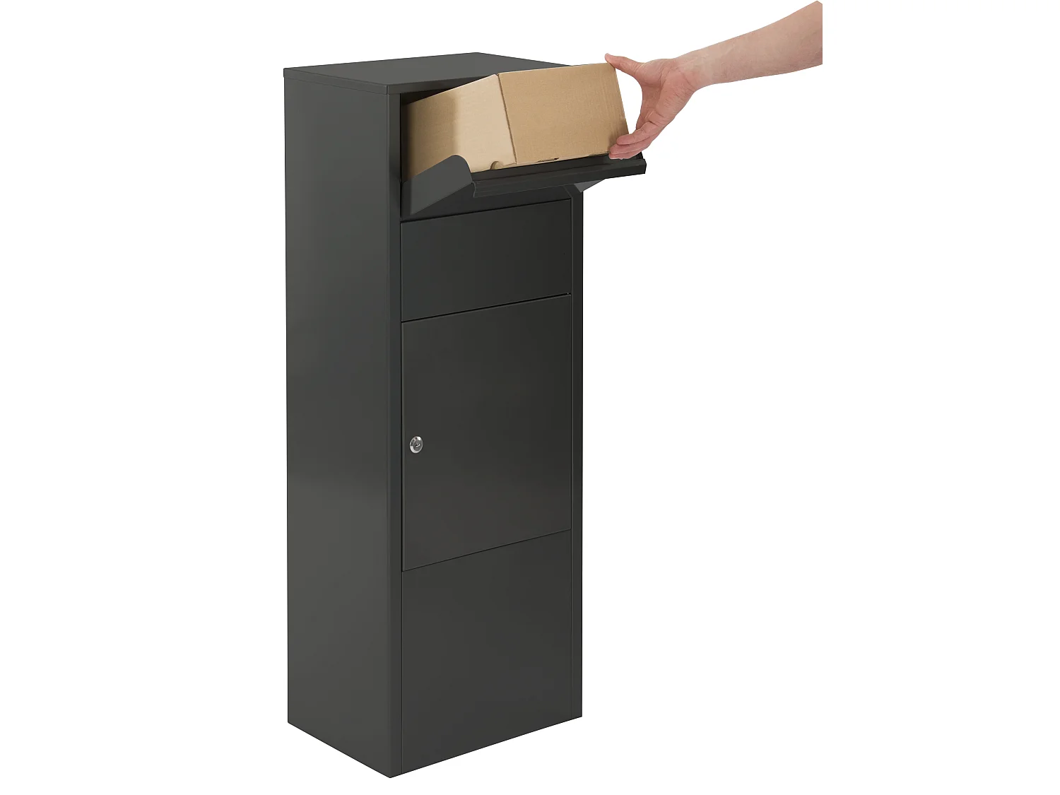 Pakketbrievenbus – Zwarte kolom – Grote opening 19 x 34 cm – Grondbevestiging – Cilinderslot
