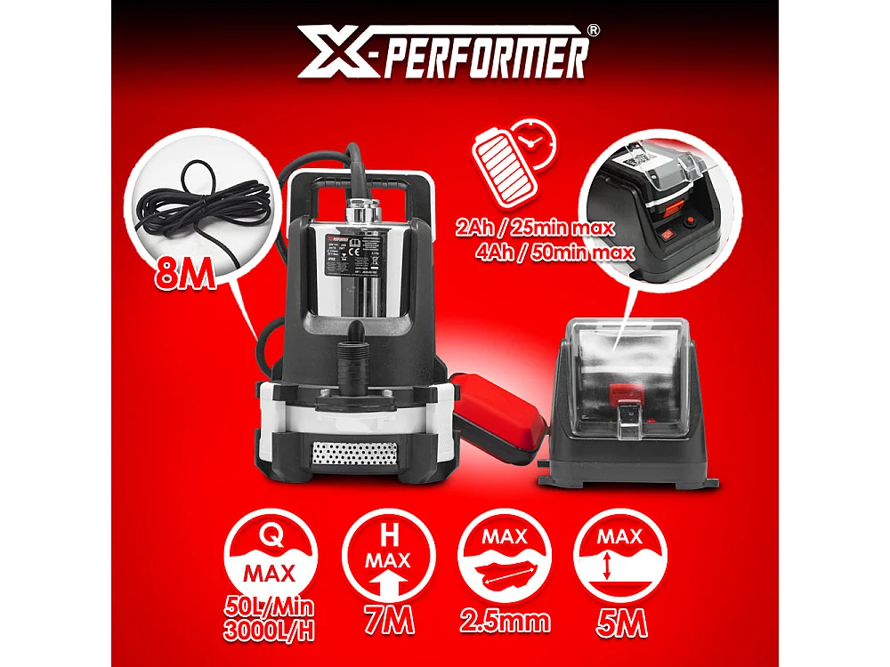 Kelderpomp X-Performer 20V, 3000 L/u, dompeldiepte 5 m (zonder batterij)