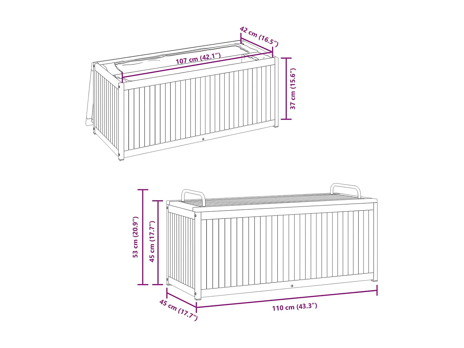 Volrik  Kussenbox 110x45x42/53 cm massief acaciahout en staal