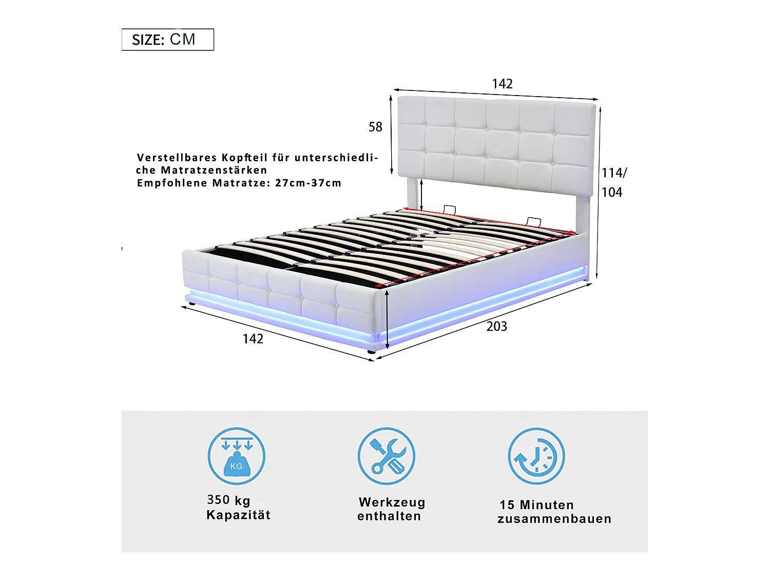 Lit Rembourré En Pu 140x200 Cm Avec LED Et Rangement, Sommier à Lattes, Lit Double, Blanc