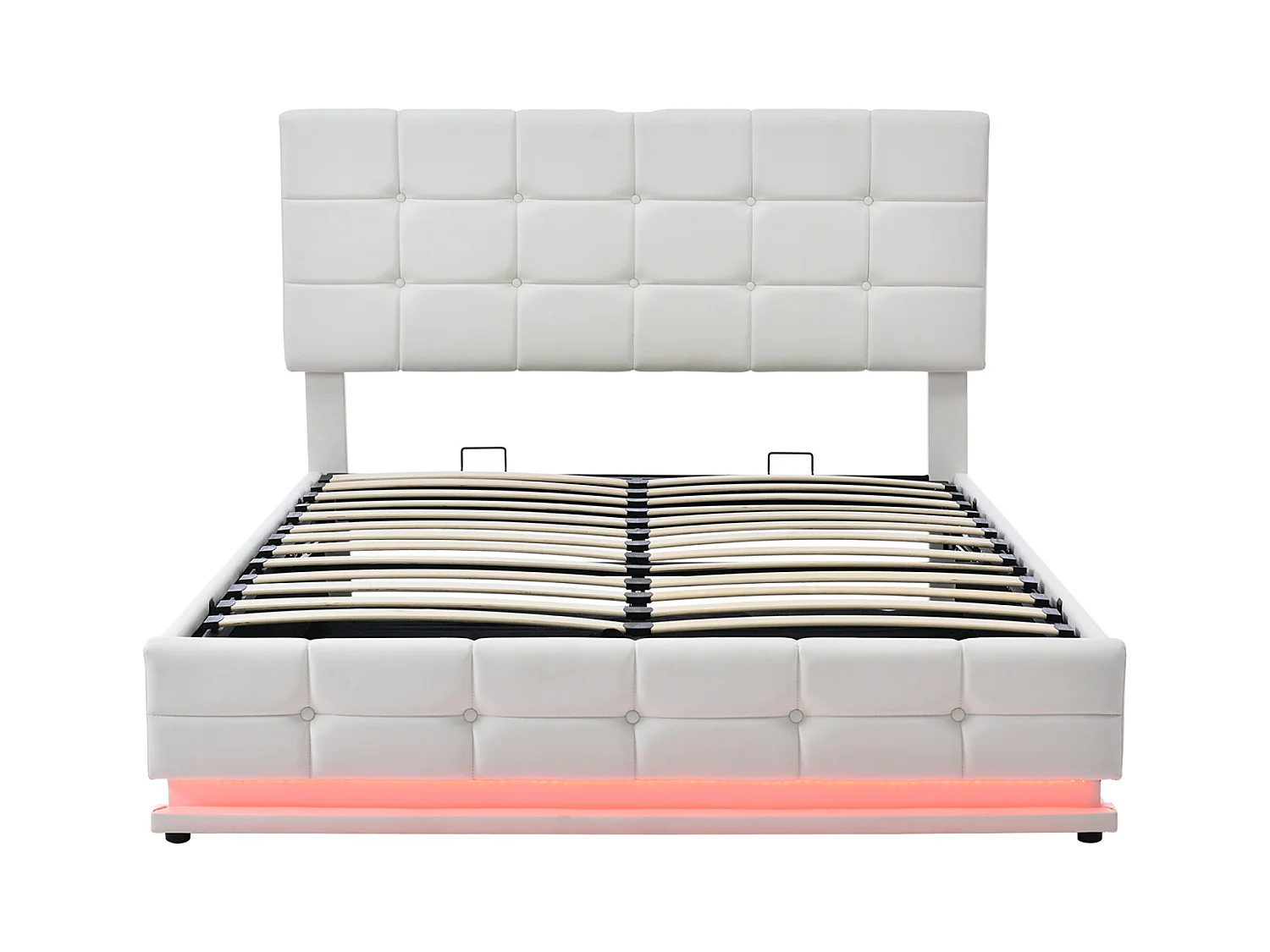 Lit Rembourré En Pu 140x200 Cm Avec LED Et Rangement, Sommier à Lattes, Lit Double, Blanc