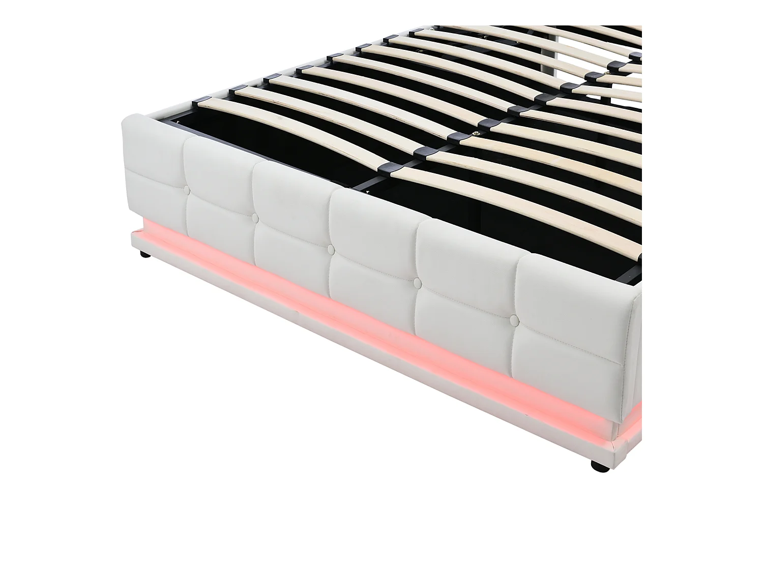 Lit Rembourré En Pu 140x200 Cm Avec LED Et Rangement, Sommier à Lattes, Lit Double, Blanc