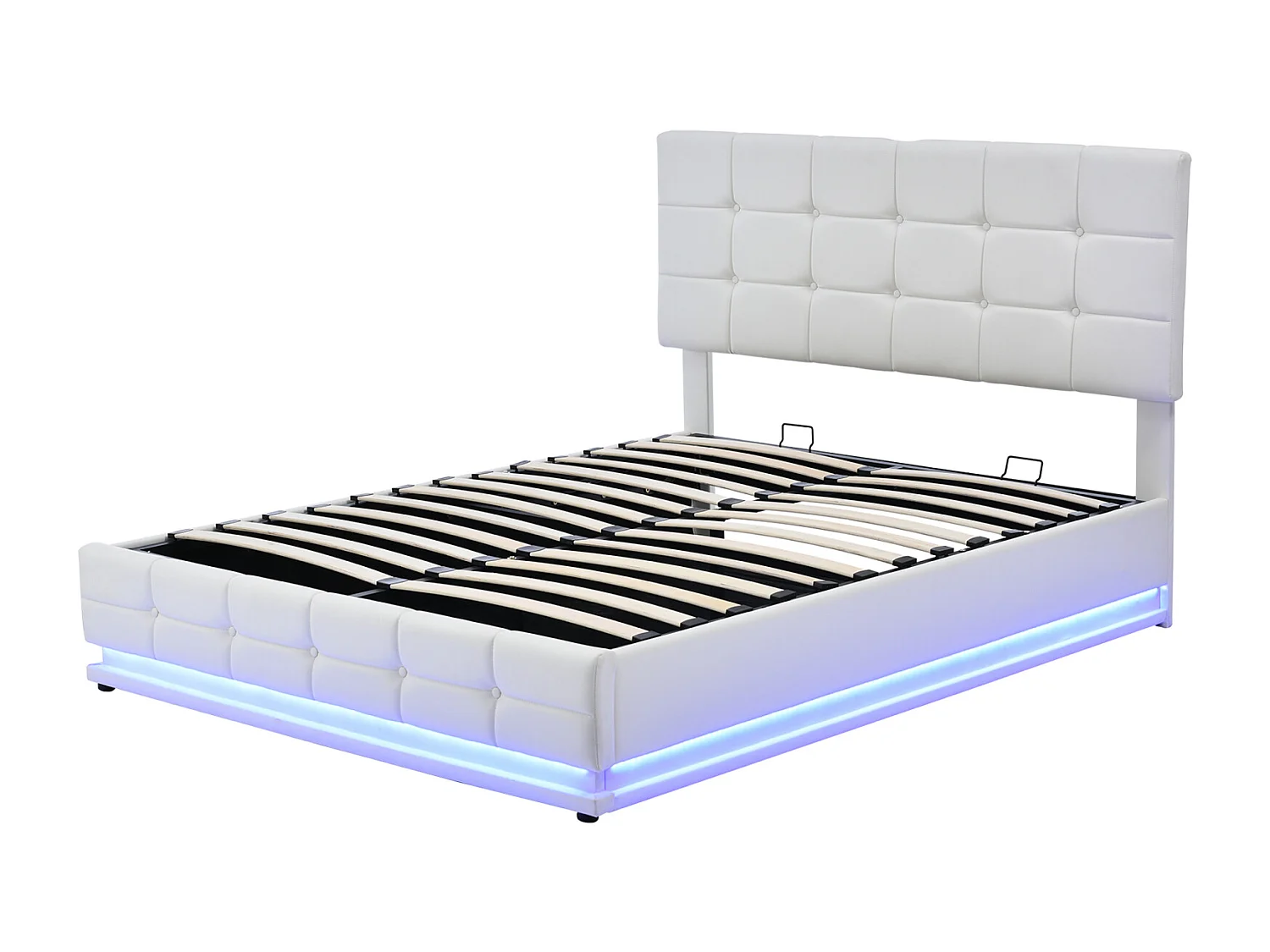 Lit Rembourré En Pu 140x200 Cm Avec LED Et Rangement, Sommier à Lattes, Lit Double, Blanc