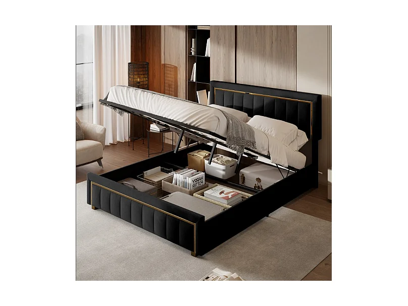 Lit 160x200 Cm, Lit Coffre Avec Rangement, Cadre De Lit Avec Tête De Lit, Velours, Noir