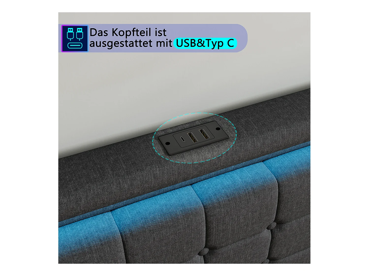 140x200 Bed met LED en USB-basis, 140x200 Opbergbed met Lattenbodem en 4 Laden, Grijs