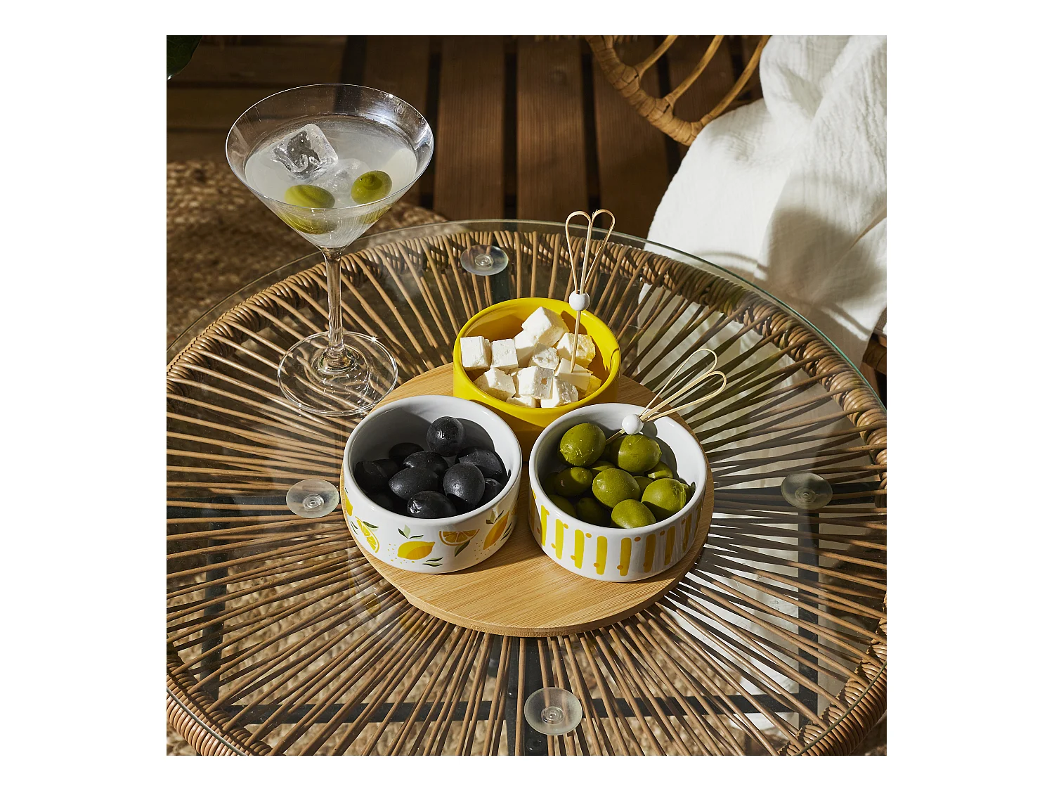 Plateau Apero Bambou Coupelle Jaune, Blanc