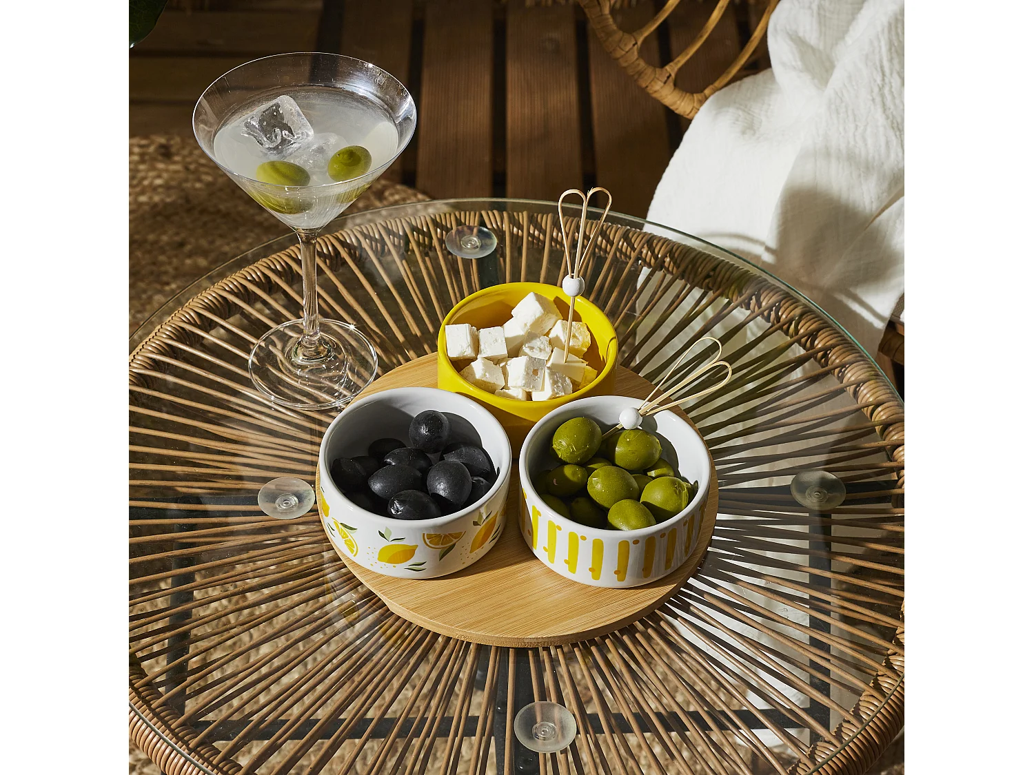 Plateau Apero Bambou Coupelle Jaune, Blanc