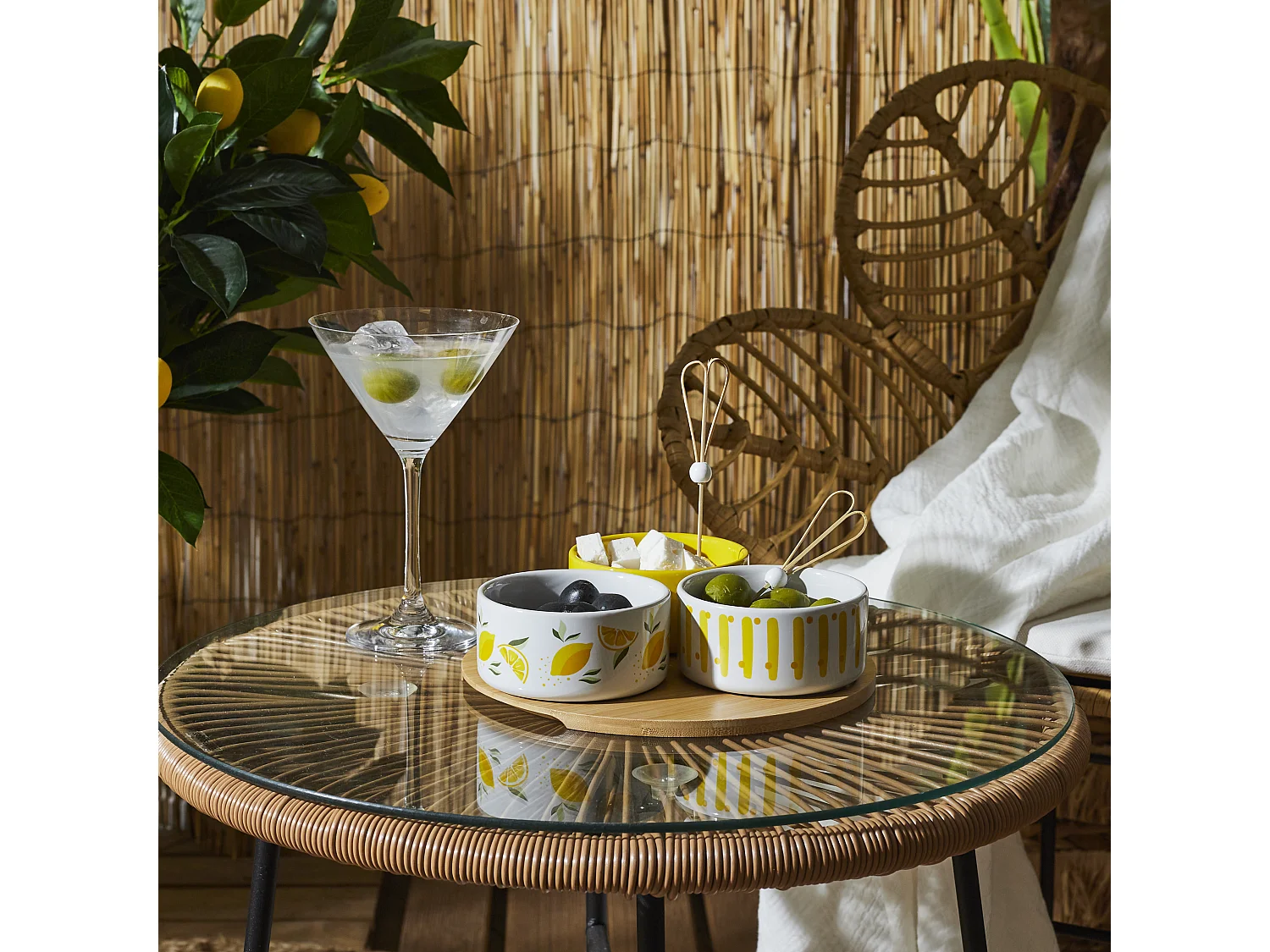 Plateau Apero Bambou Coupelle Jaune, Blanc