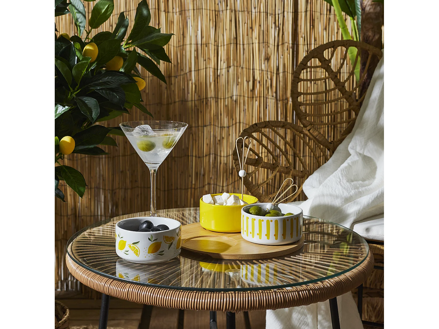 Plateau Apero Bambou Coupelle Jaune, Blanc