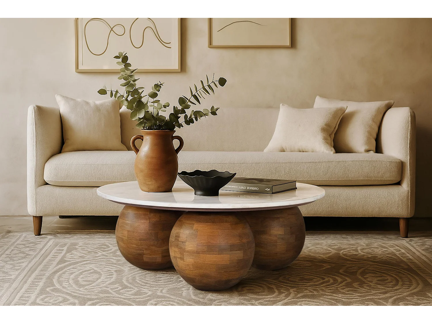 Table basse ronde en marbre et bois de teck