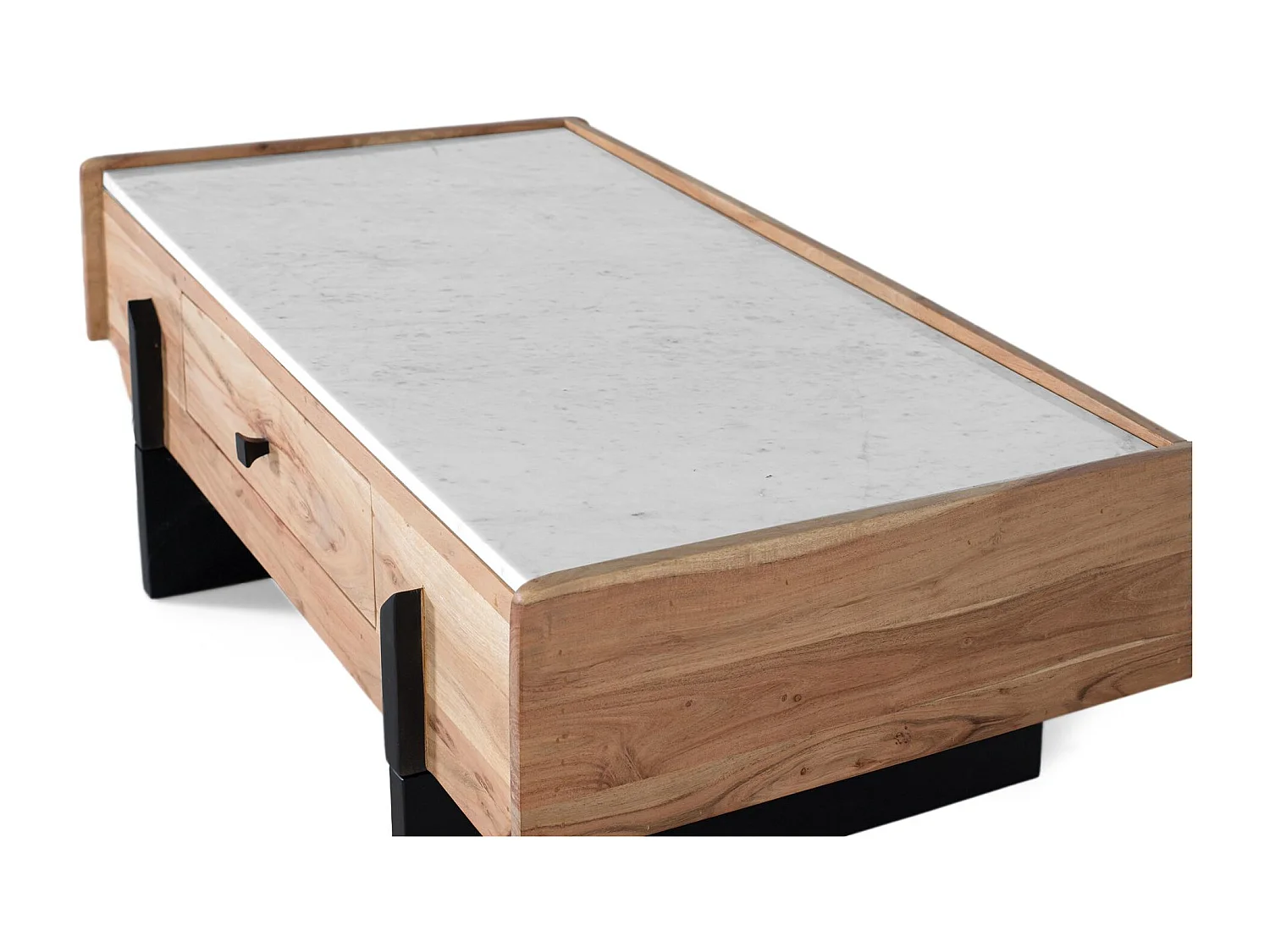 Base da mesa em madeira de acácia e mármore branco.