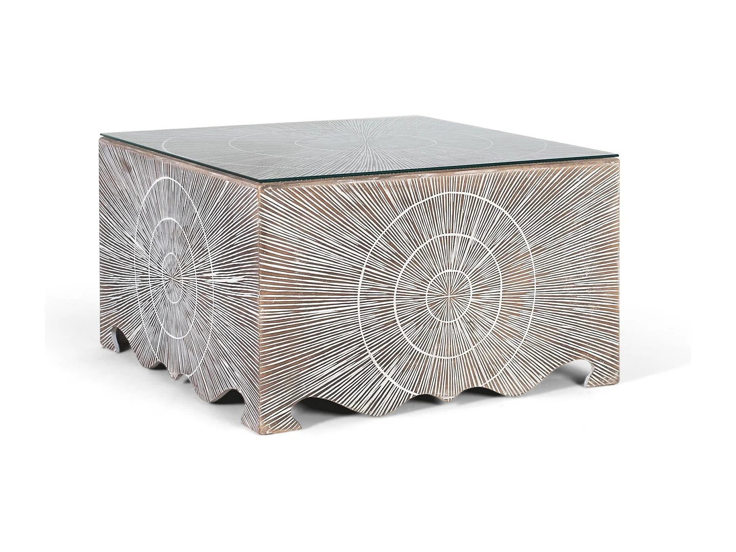 Mesa de centro con dibujos geométricos pintados a mano y cristal