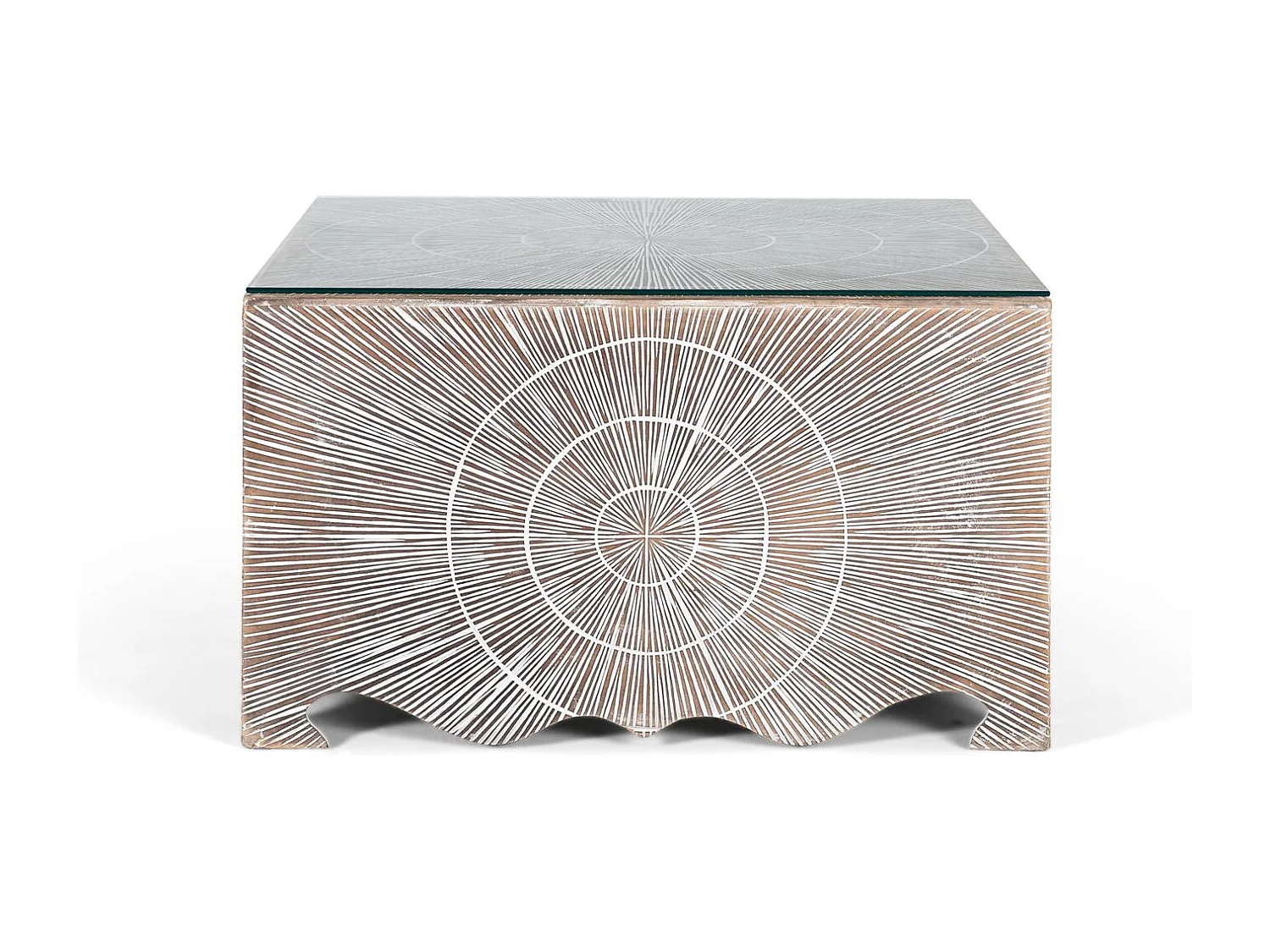 Mesa de centro con dibujos geométricos pintados a mano y cristal