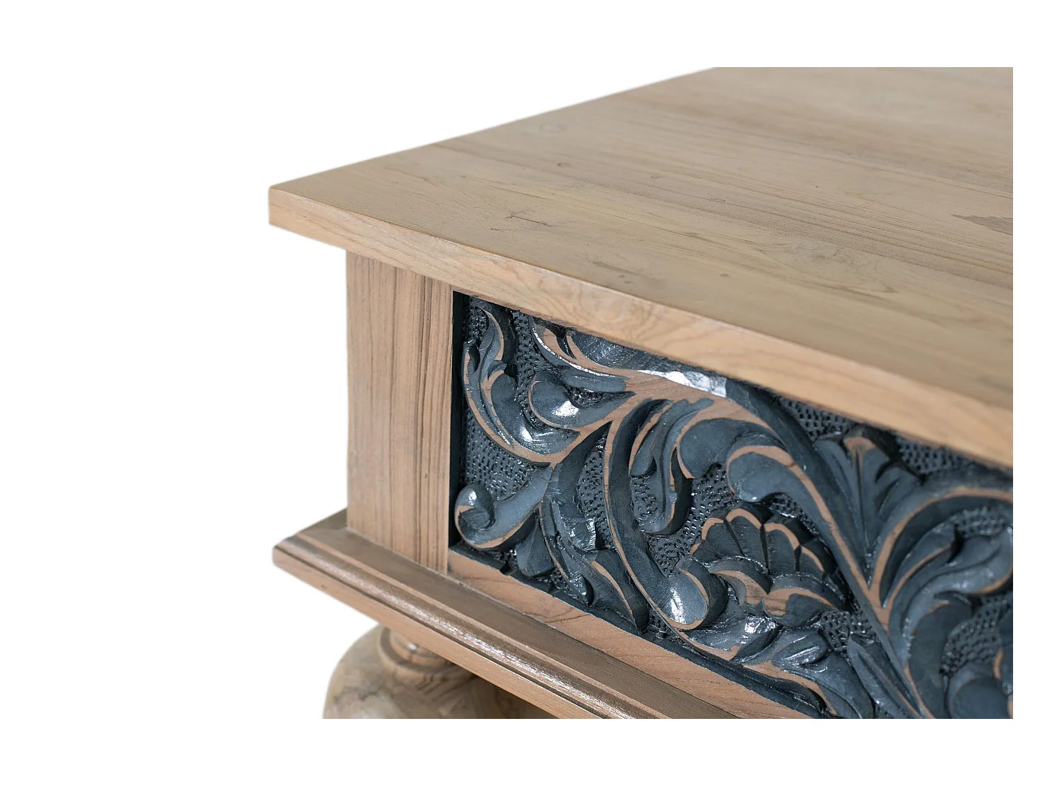 Table basse en teck sculpté à la main, bicolore naturel et bleu