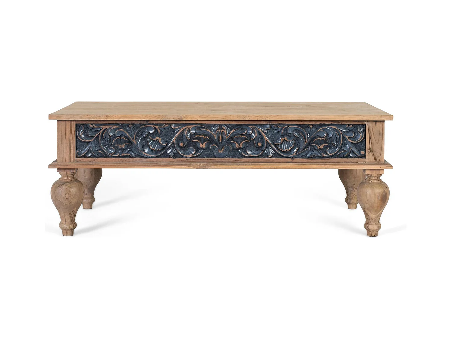 Handgesneden teakhouten salontafel, tweekleurig natuurlijk en blauw