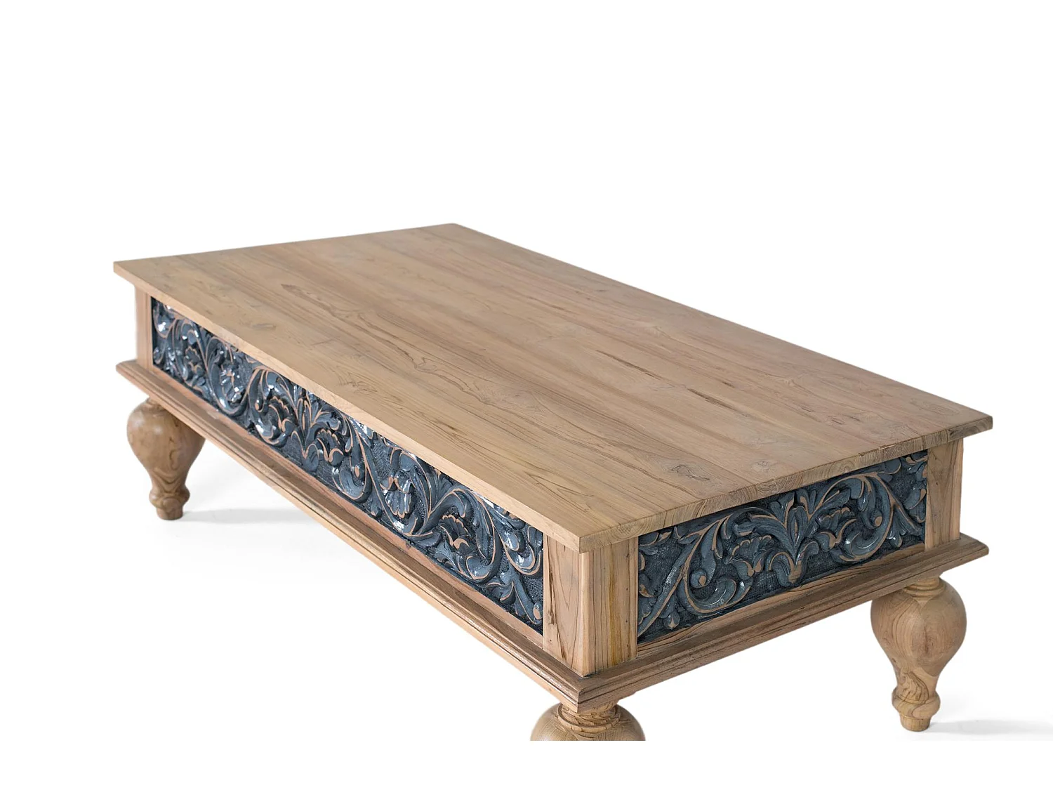 Mesa de centro de teca tallada a mano, bicolor natural y azul