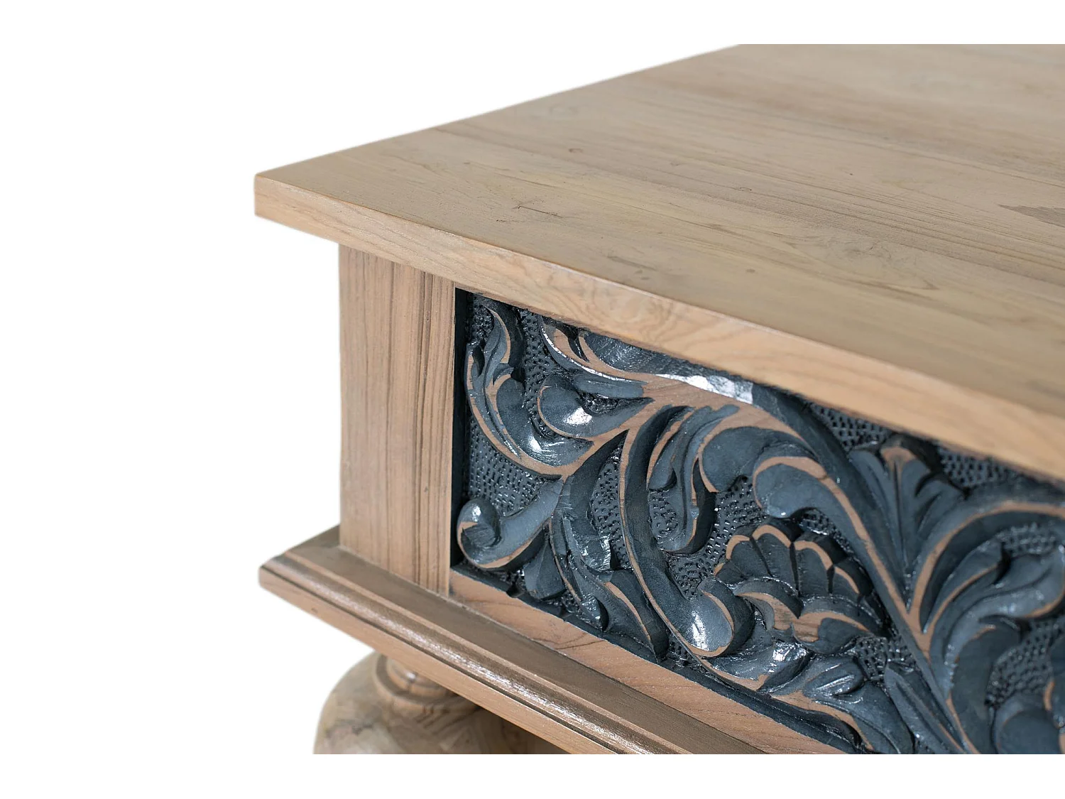 Mesa de centro de teca tallada a mano, bicolor natural y azul