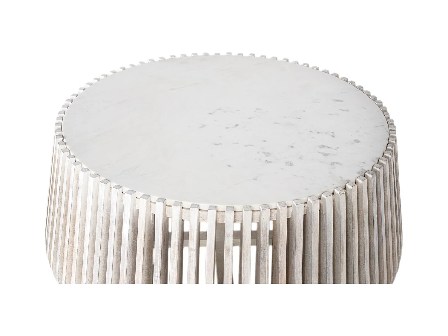 Tavolino rotondo in marmo bianco e legno di mango