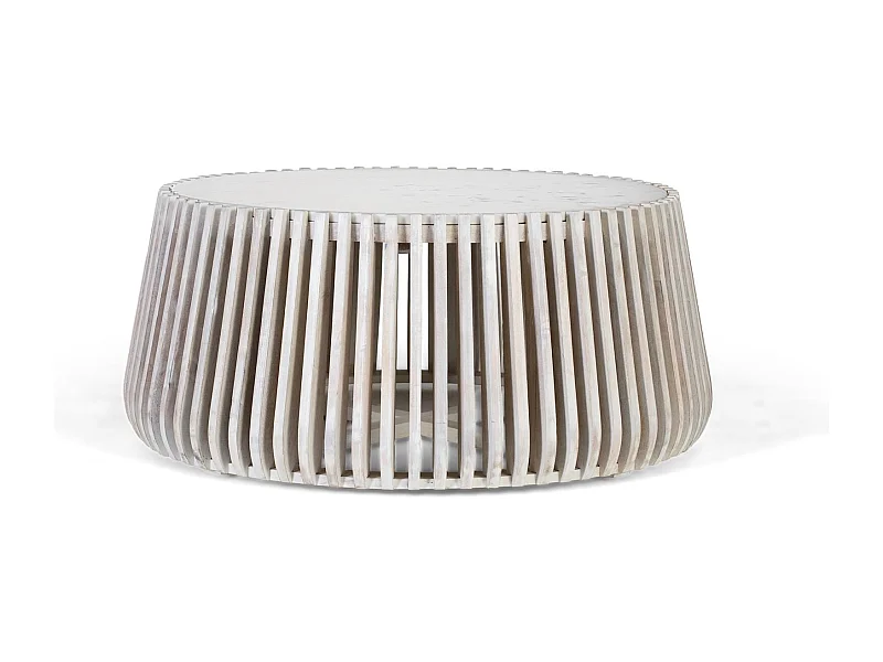 Tavolino rotondo in marmo bianco e legno di mango