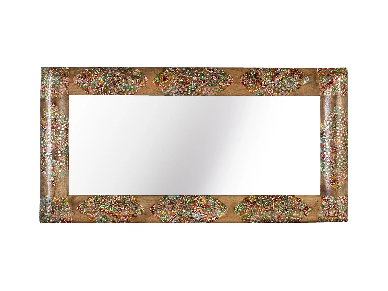 Espelho de madeira de manga com mosaicos artesanais multicoloridos