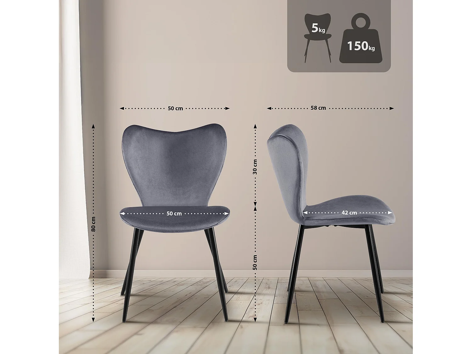 chaise salle à manger - Velours - Gris foncé - Maika