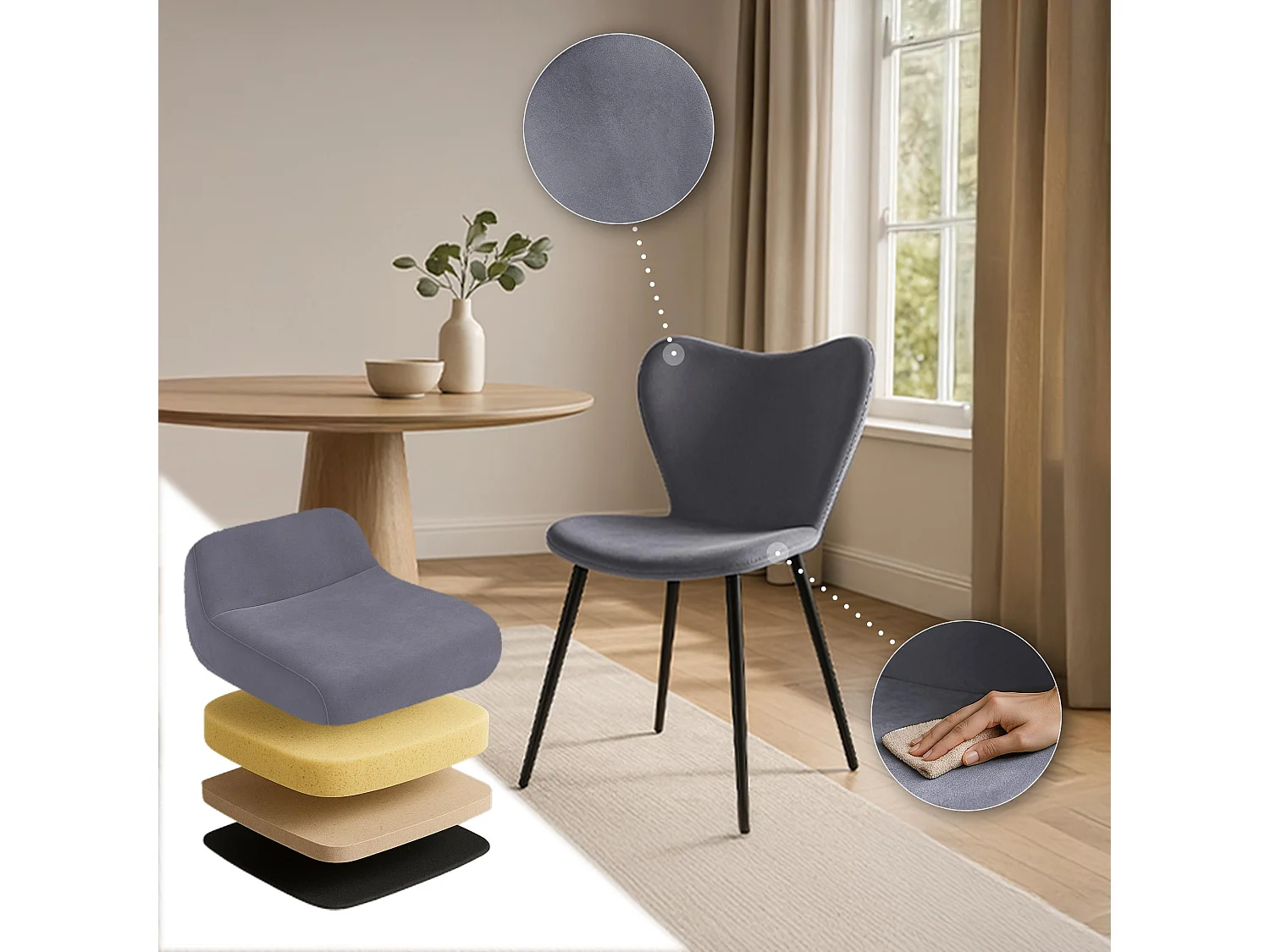 chaise salle à manger - Velours - Gris foncé - Maika