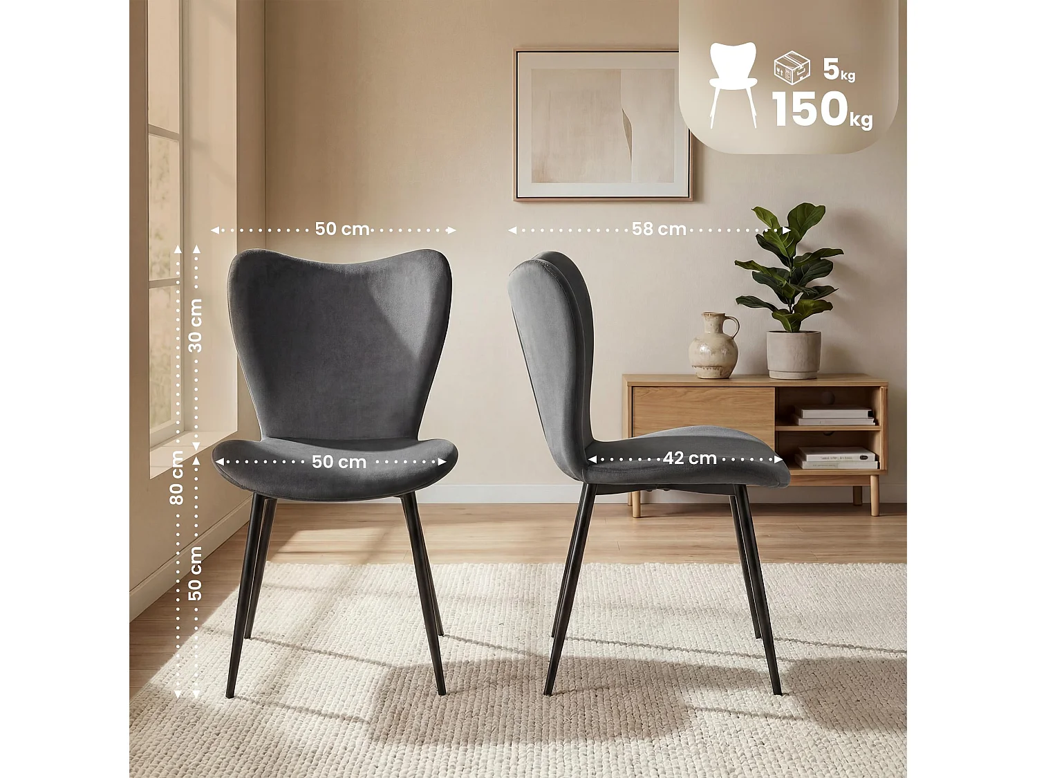 chaise salle à manger - Velours - Gris foncé - Maika